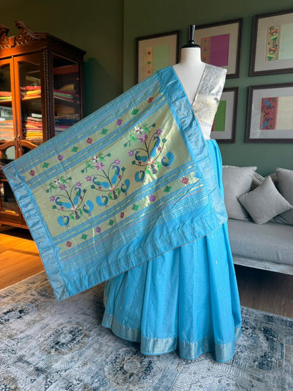 Light Blue Cotton Paithani with Peacock Pallu