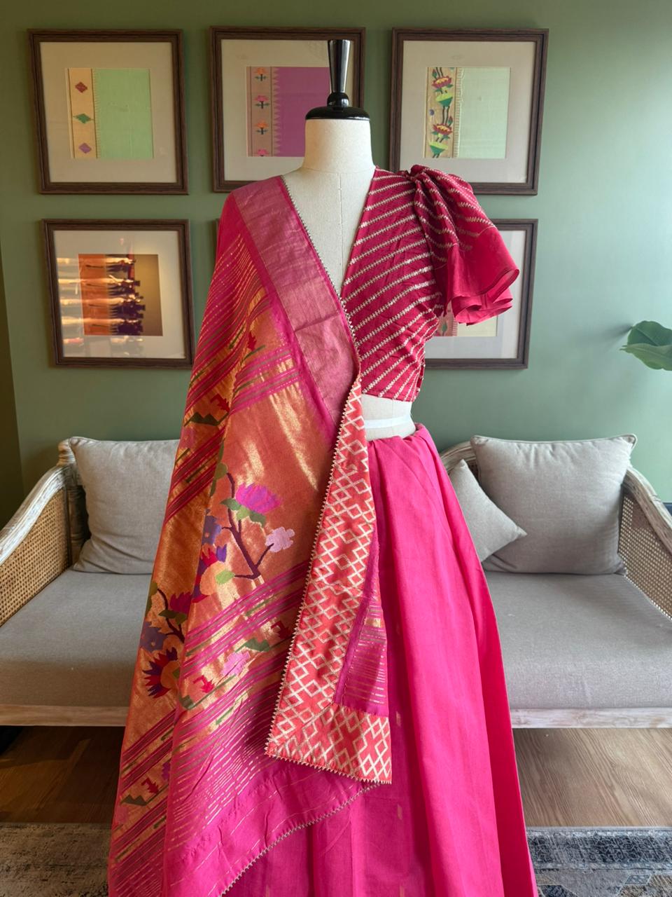 Red x Pink Cotton Paithani with Peacock Pallu