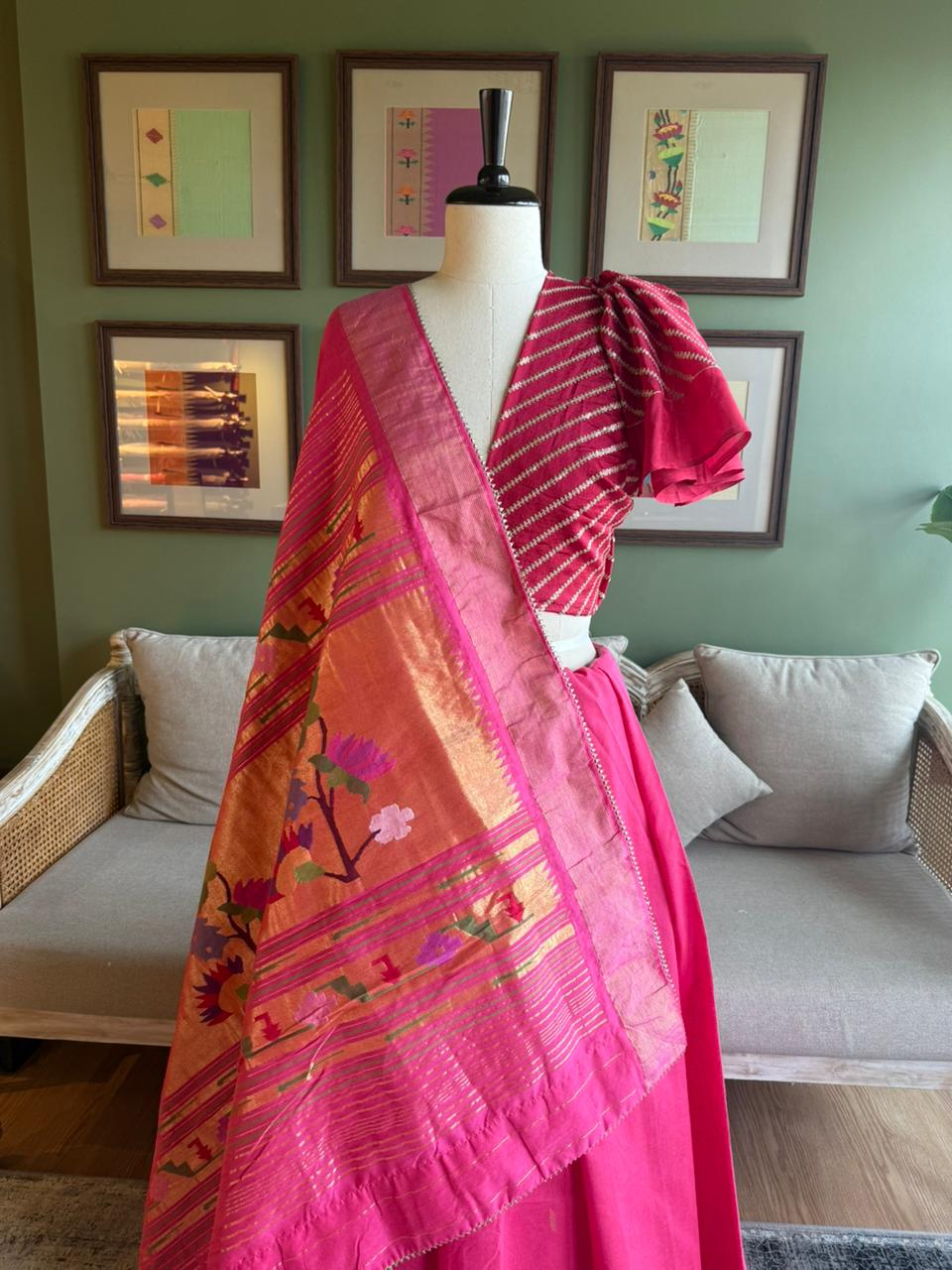 Red x Pink Cotton Paithani with Peacock Pallu