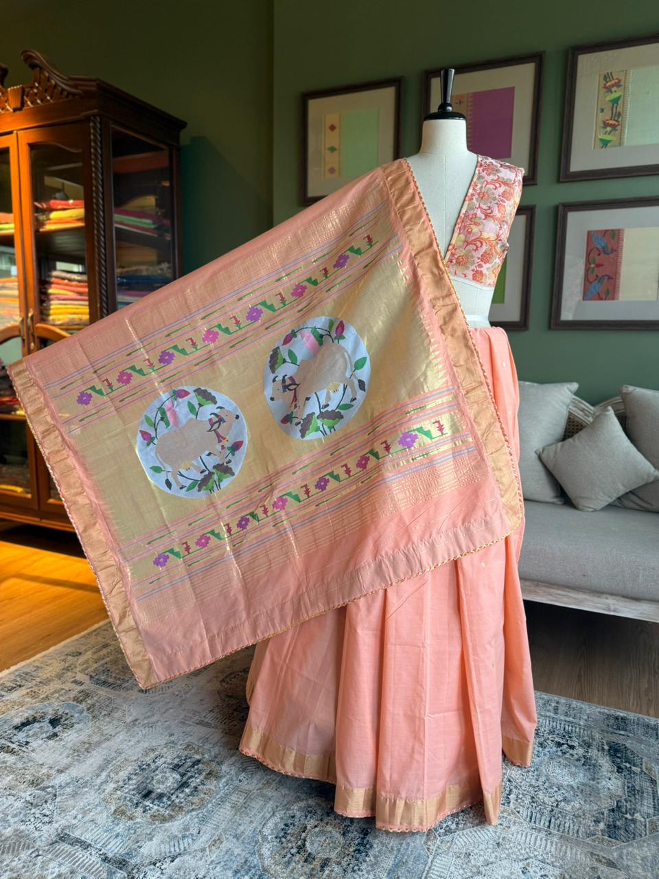 Peach Cotton Paithani with Pichwai Pallu