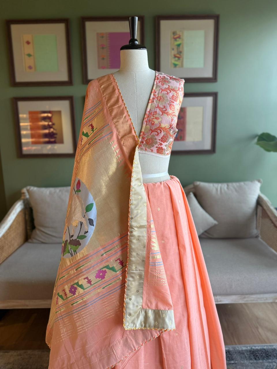 Peach Cotton Paithani with Pichwai Pallu