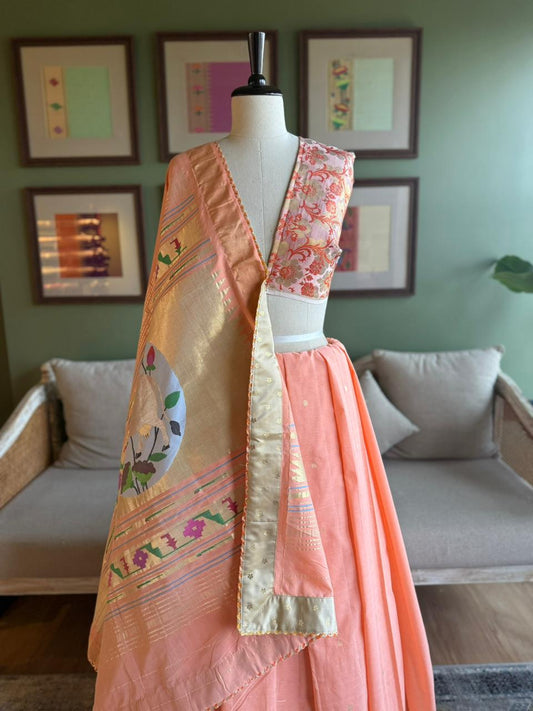 Peach Cotton Paithani with Pichwai Pallu