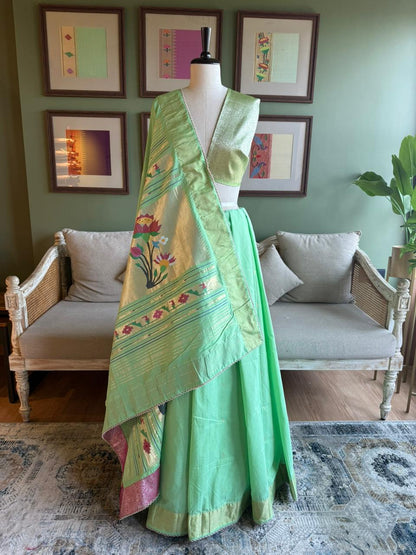 Mint Green Cotton Paithani with Lotus Pallu