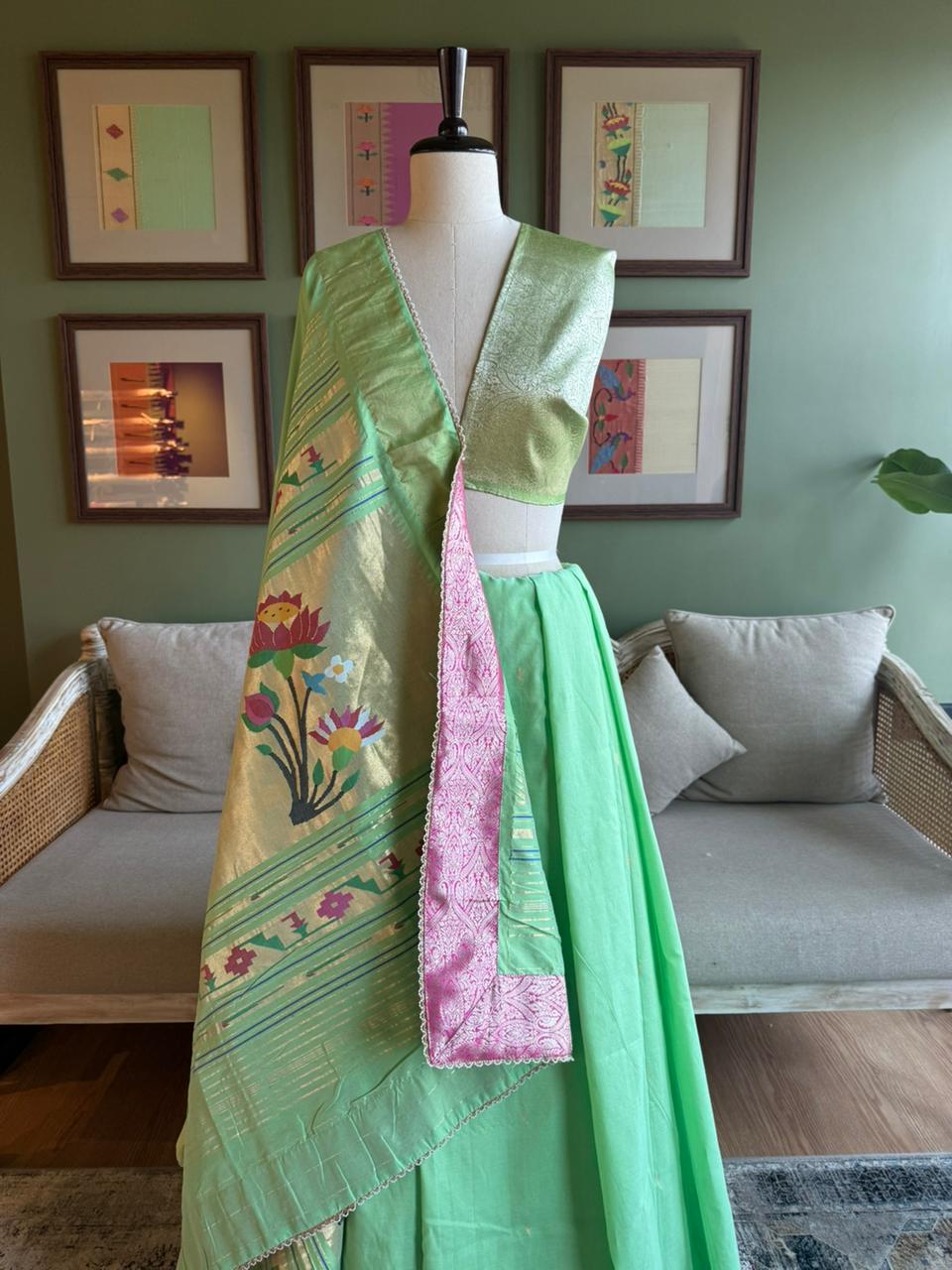 Mint Green Cotton Paithani with Lotus Pallu