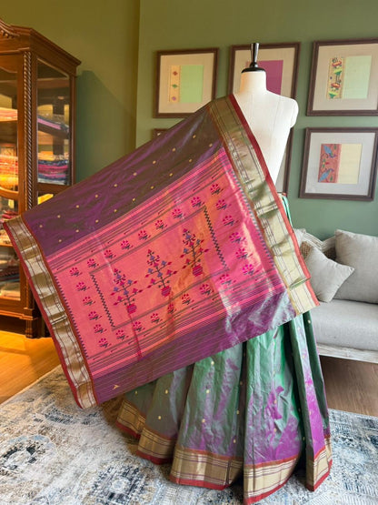 Maroon x Green Paithani with Asavali Pallu
