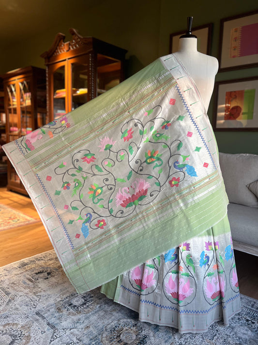 Lime Green Cotton Paithani with Swan Skirt Border