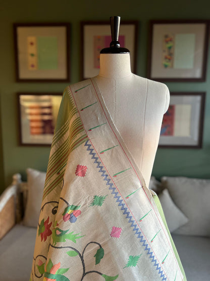 Lime Green Cotton Paithani with Swan Skirt Border