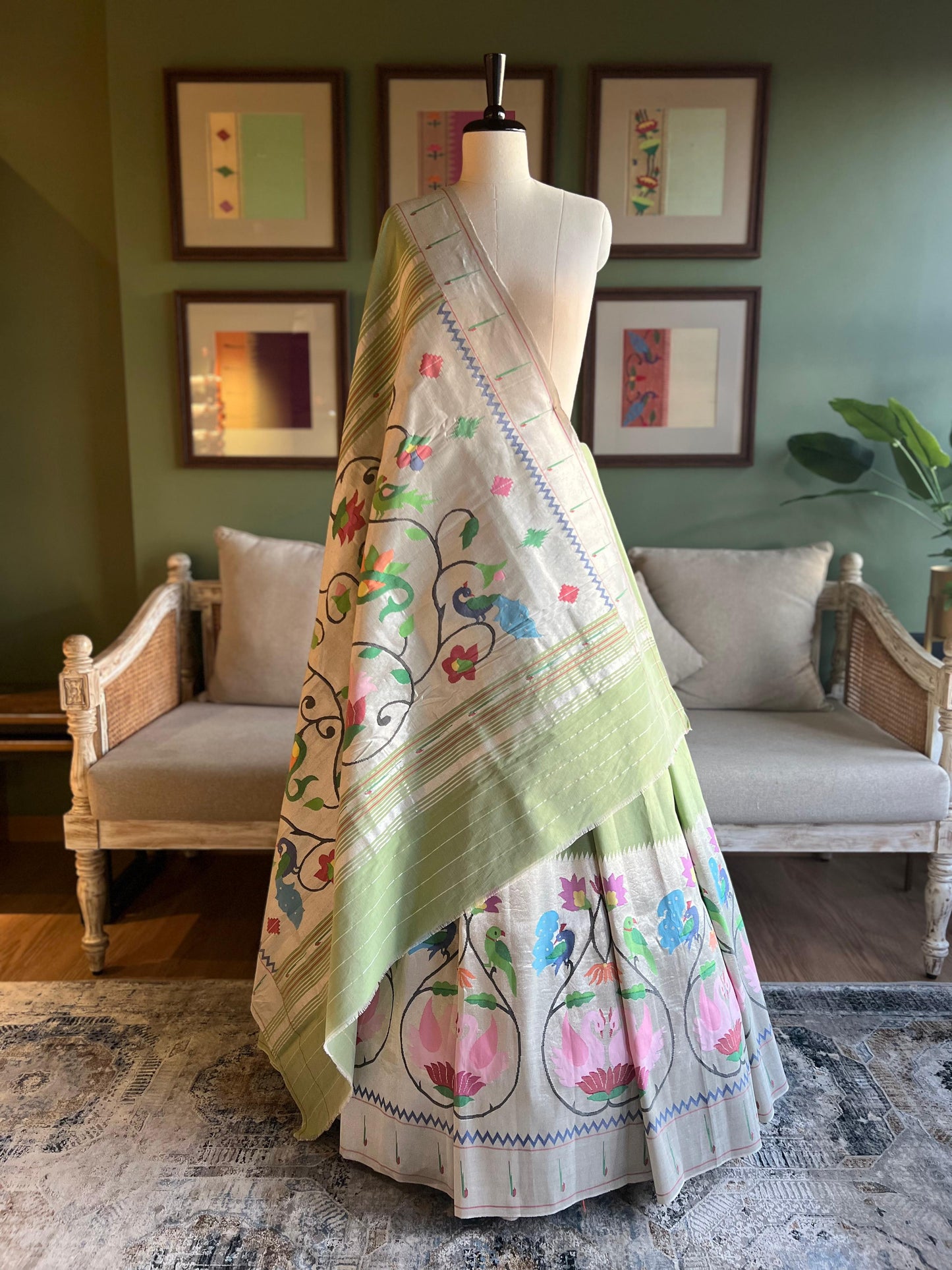 Lime Green Cotton Paithani with Swan Skirt Border