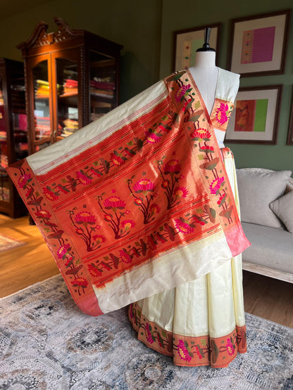Ivory Paithani with Ajanta Lotus Border