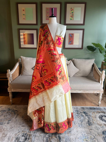 Ivory Paithani with Ajanta Lotus Border