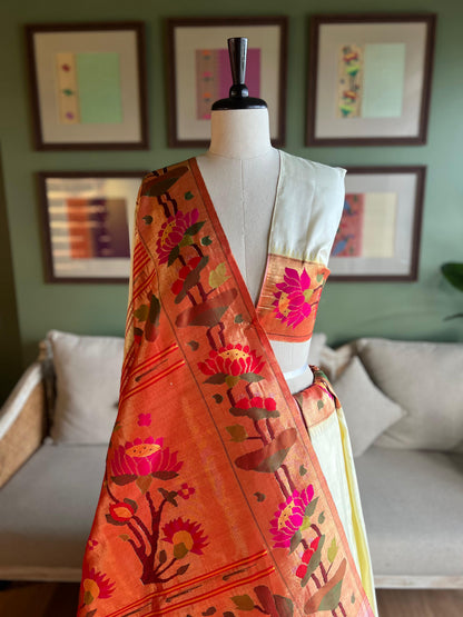 Ivory Paithani with Ajanta Lotus Border