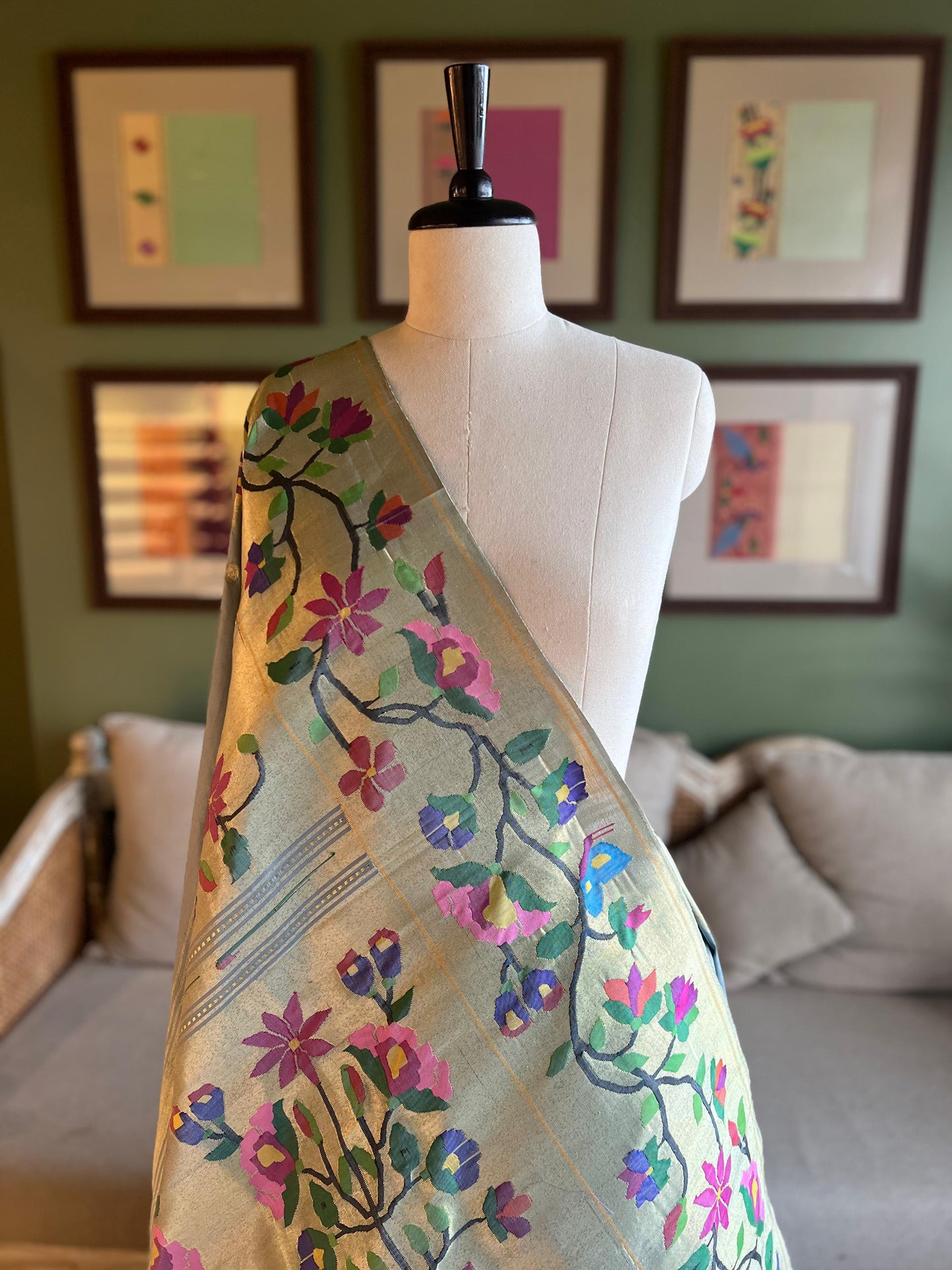Ice Grey Paithani with Large Floral Border