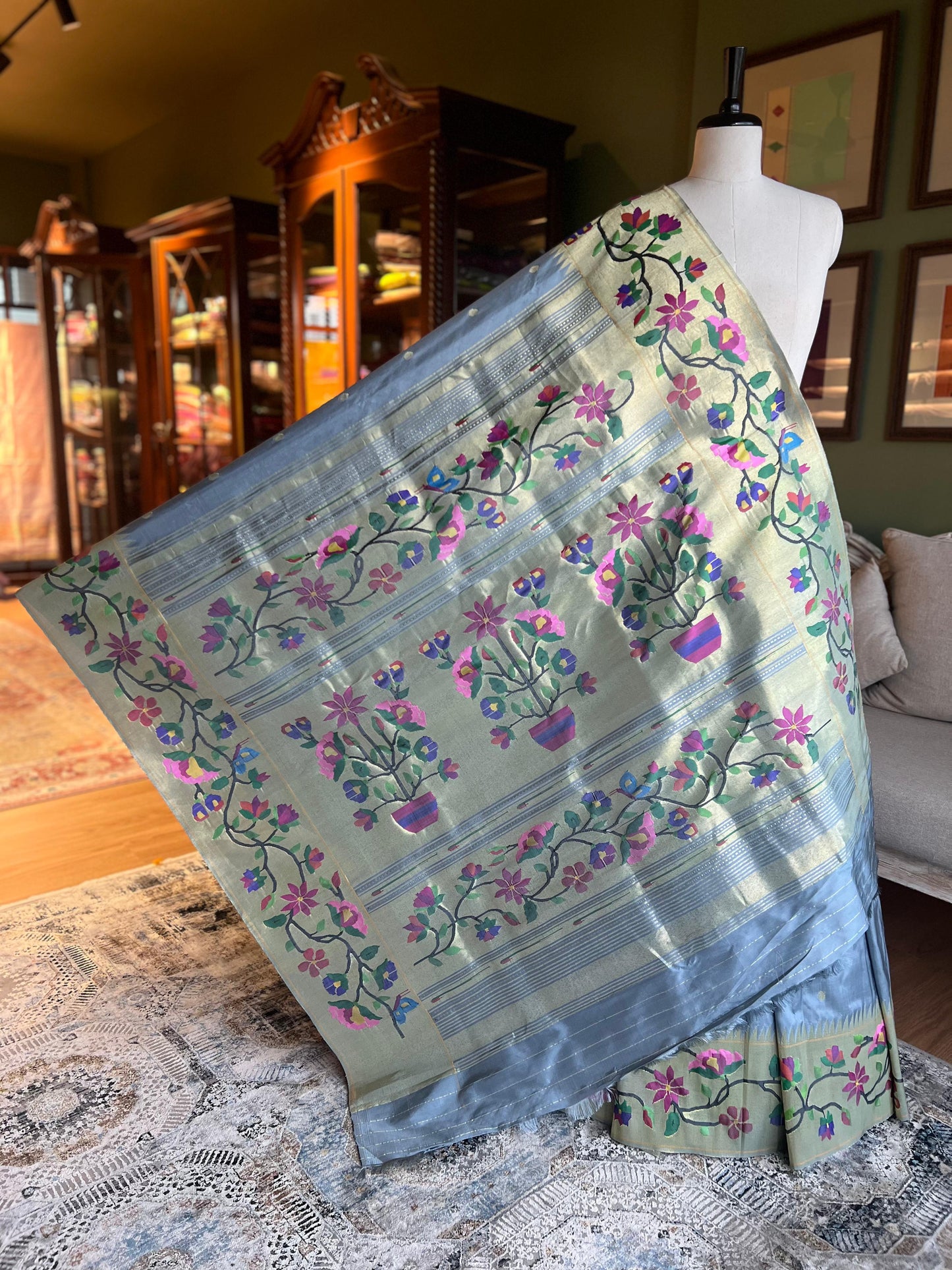 Ice Grey Paithani with Large Floral Border