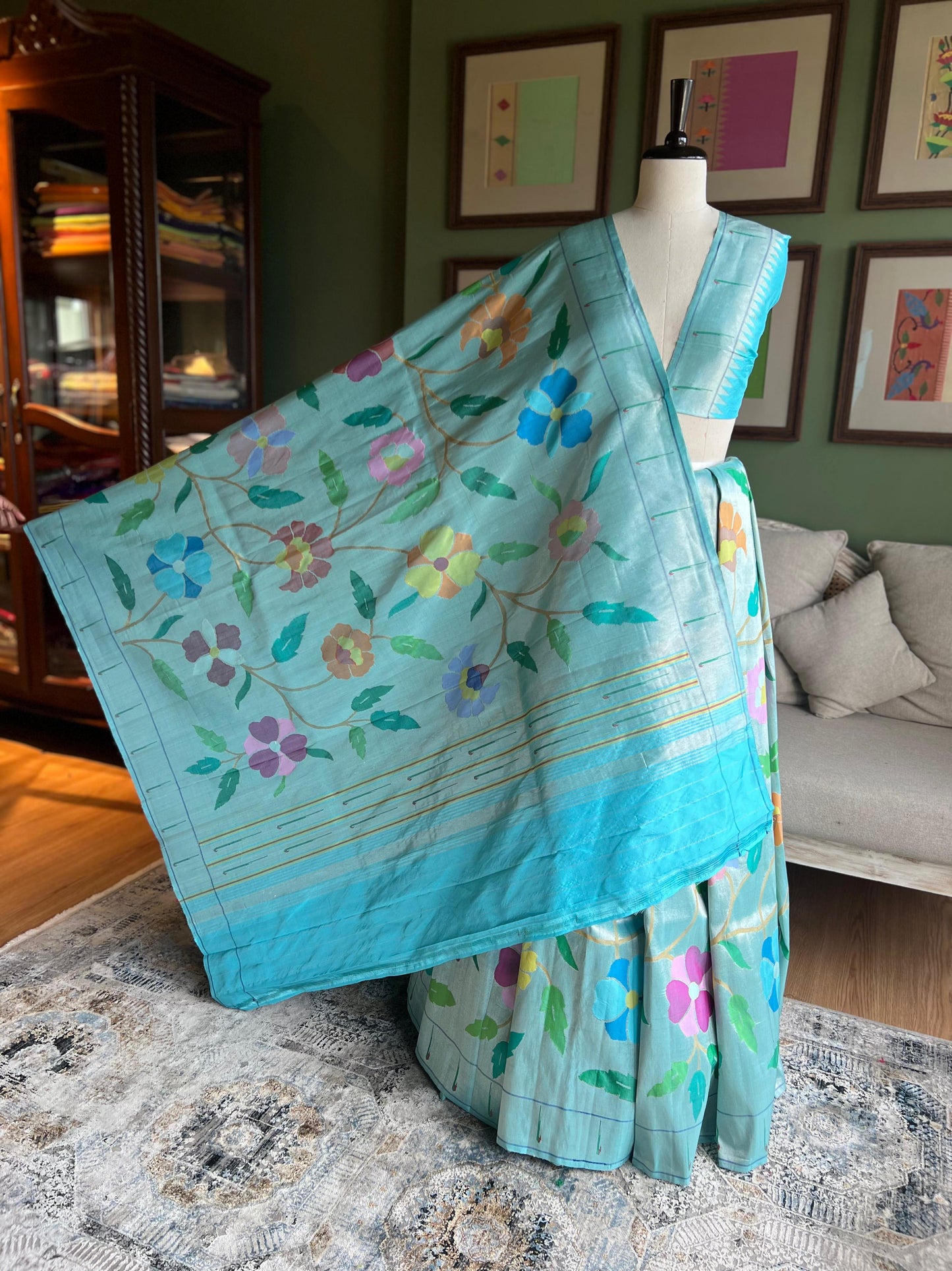 Aqua All Over Tissue Paithani