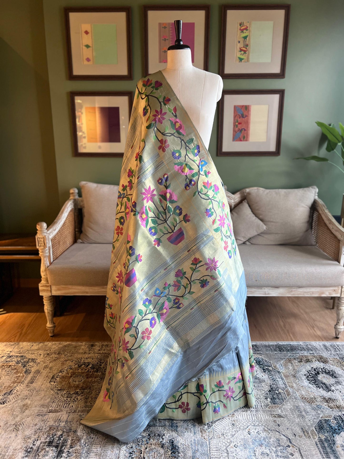 Ice Grey Paithani with Large Floral Border