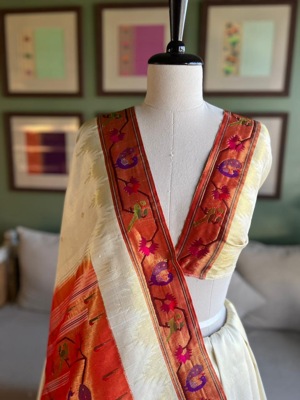 Ivory Paithani with 'Mor-Popat-Asavali' Border