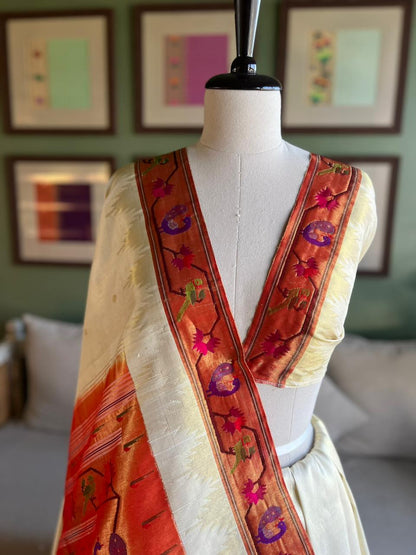 Ivory Paithani with 'Mor-Popat-Asavali' Border