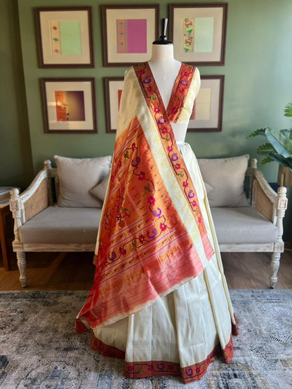 Ivory Paithani with 'Mor-Popat-Asavali' Border