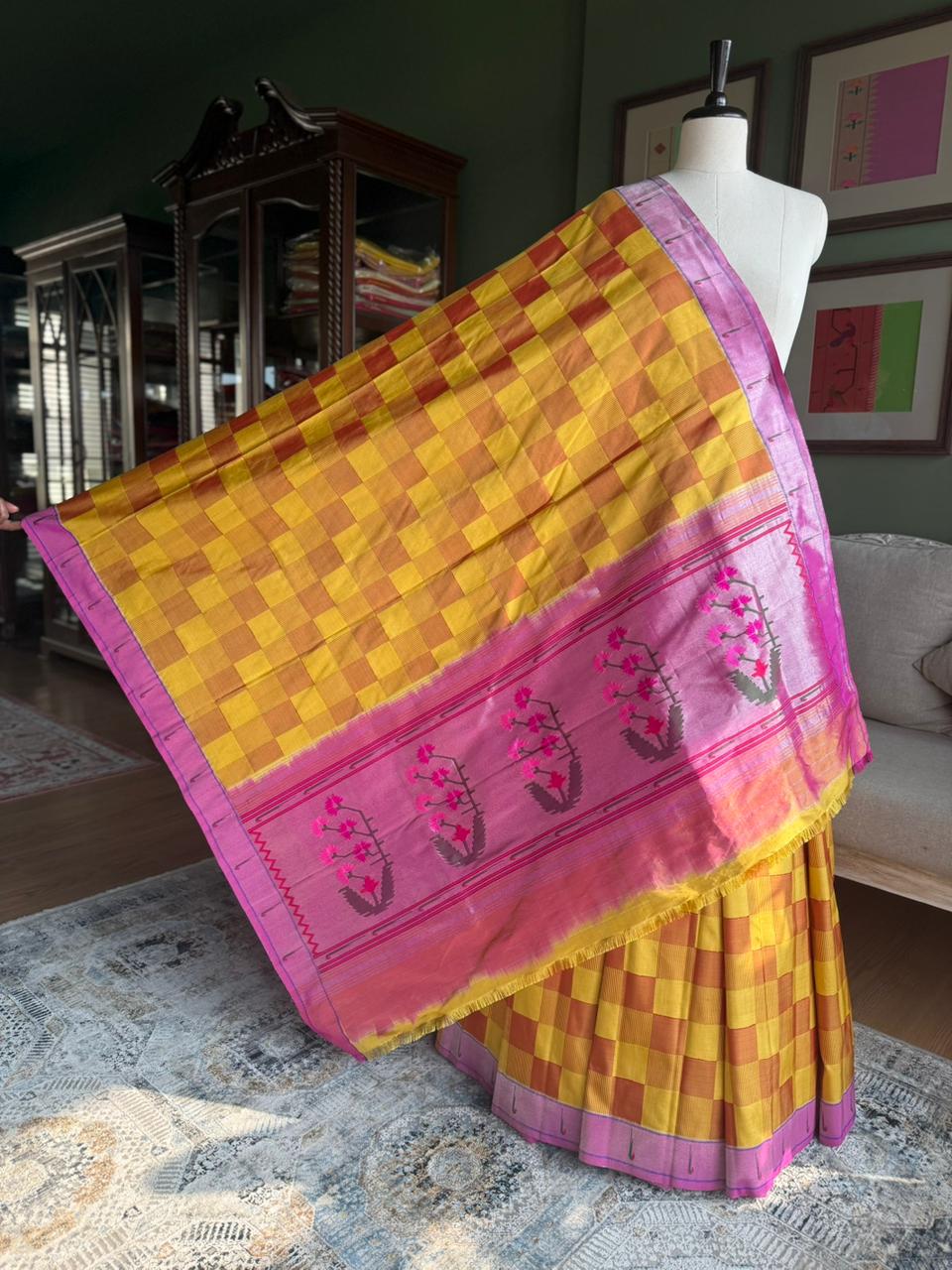 Checkered Tissue Paithani with Asavali Pallu