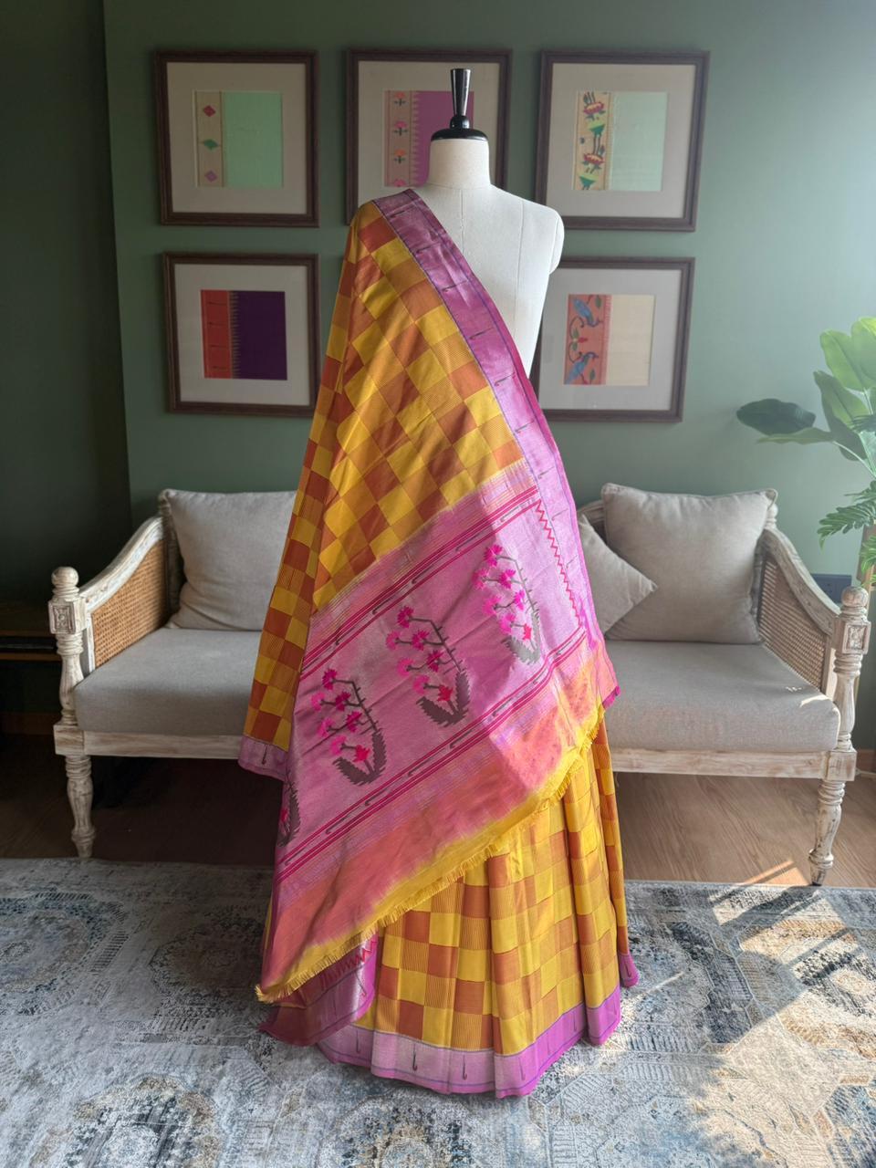 Checkered Tissue Paithani with Asavali Pallu