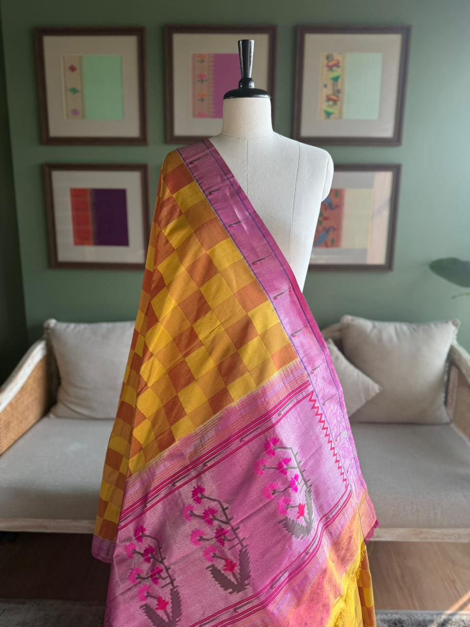 Checkered Tissue Paithani with Asavali Pallu