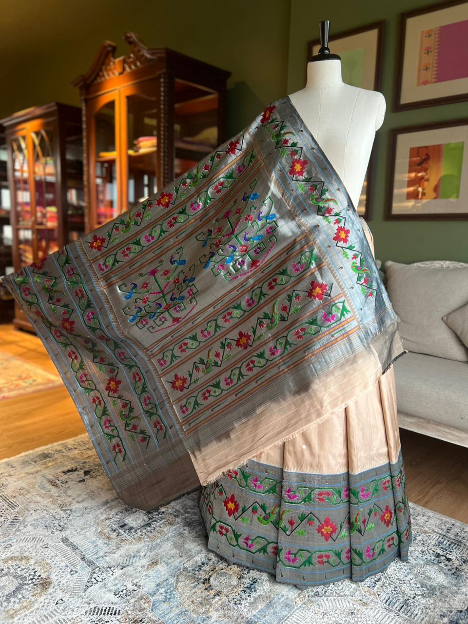 Beige Paithani with Intricate 'Popat-Barao' Brocade Skirt Border