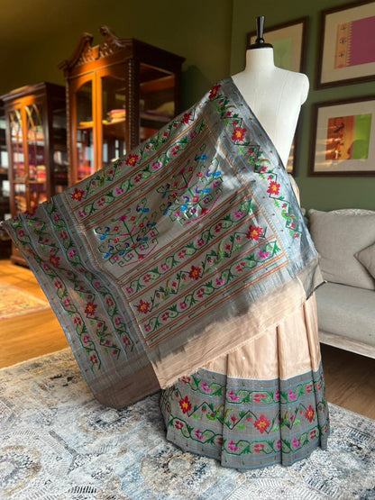 Beige Paithani with Intricate 'Popat-Barao' Brocade Skirt Border