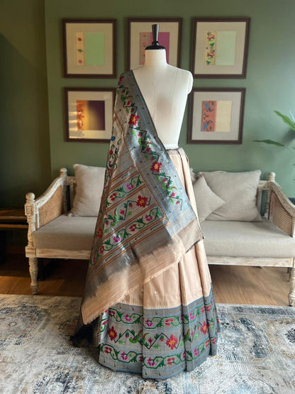 Beige Paithani with Intricate 'Popat-Barao' Brocade Skirt Border