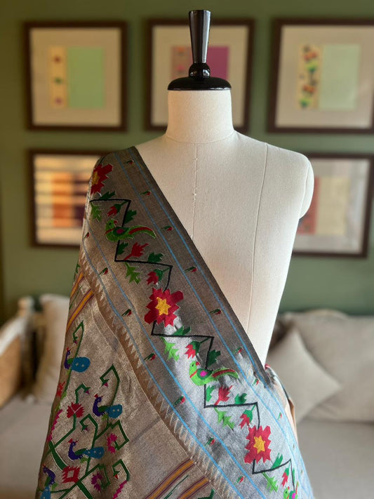 Beige Paithani with Intricate 'Popat-Barao' Brocade Skirt Border