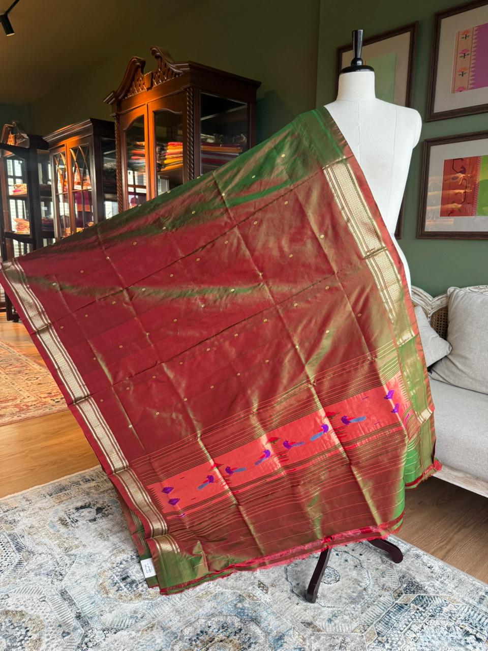 Red x Green Dupatta with Peacock Pallu