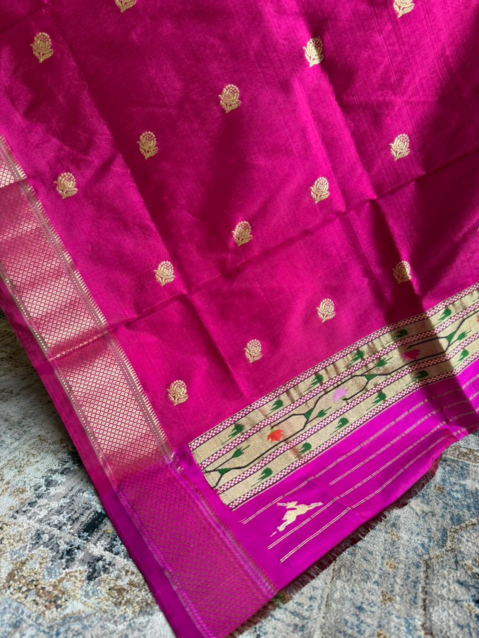 Deep Pink Dupatta with Rose Butti & Vintage Pallu