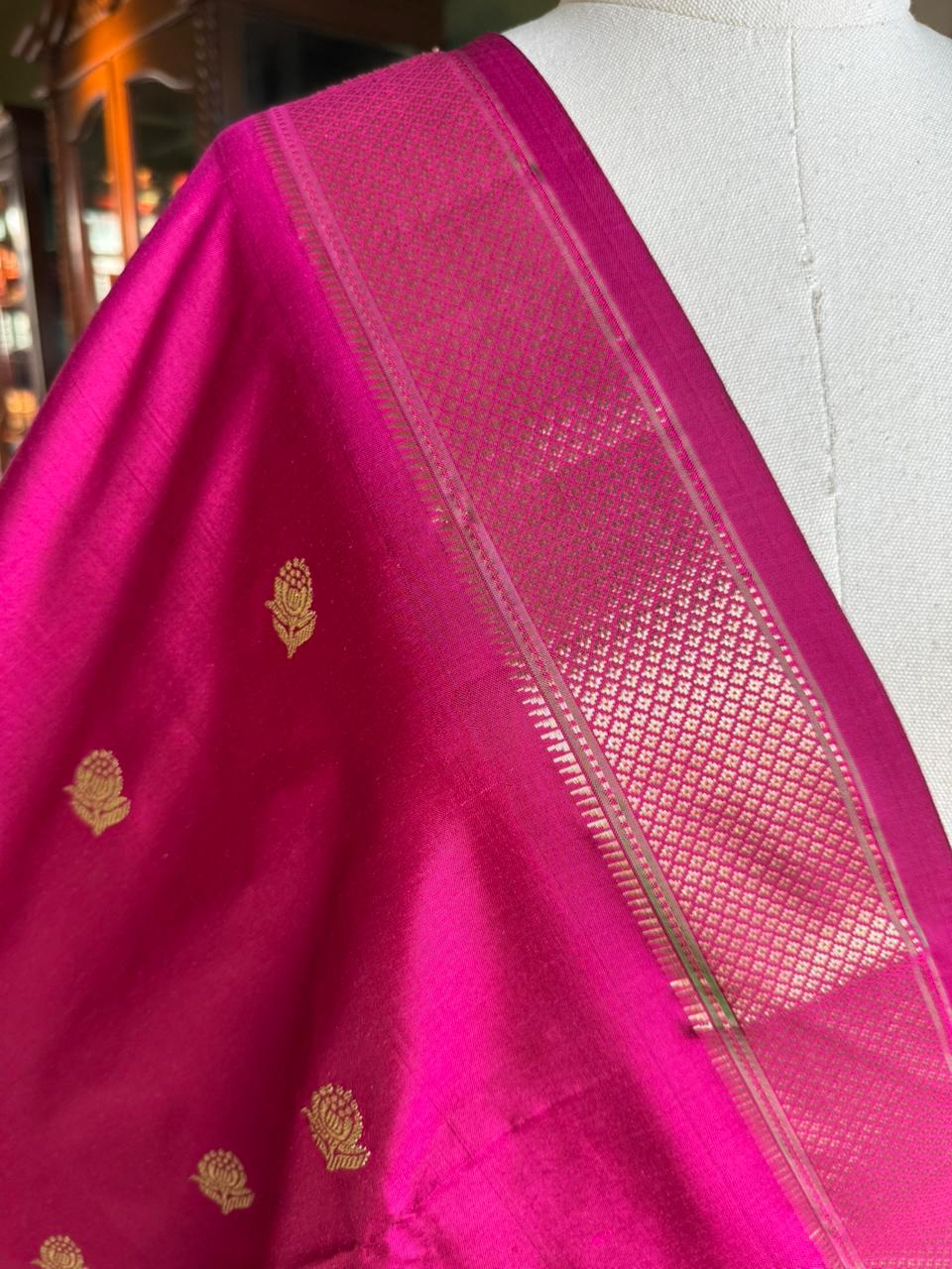 Deep Pink Dupatta with Rose Butti & Vintage Pallu