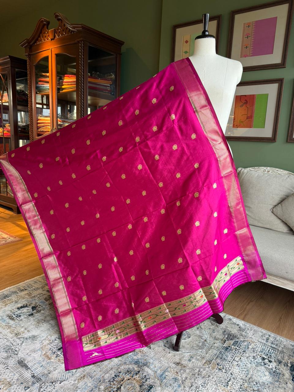 Deep Pink Dupatta with Rose Butti & Vintage Pallu