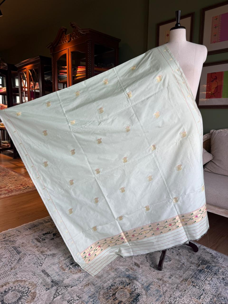 Pale Mint Dupatta with Pichwai Butti & Vintage Pallu