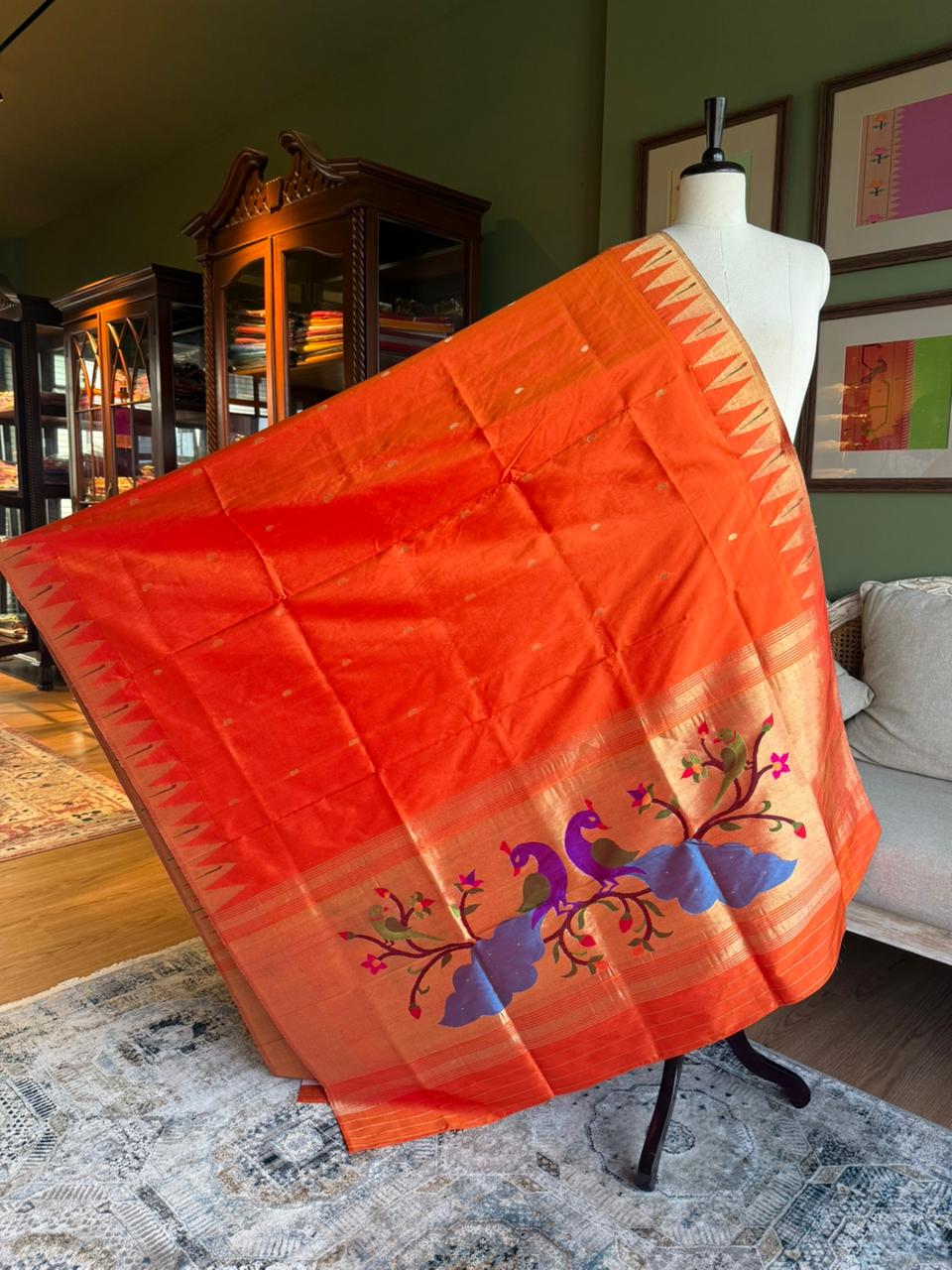 Orange Dupatta with Zigzag Border & Peacock Pallu