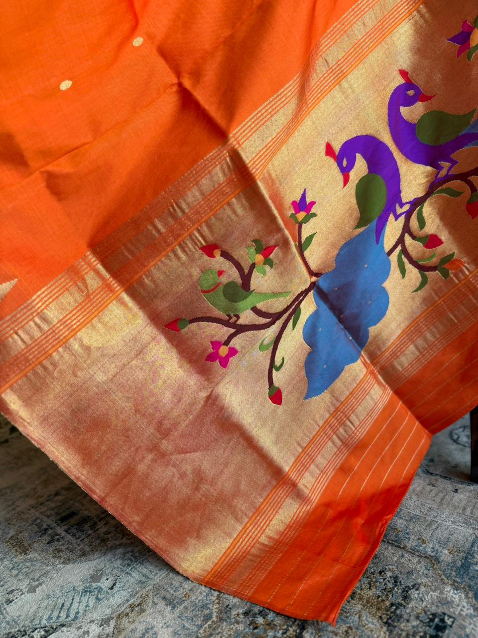 Orange Dupatta with Zigzag Border & Peacock Pallu