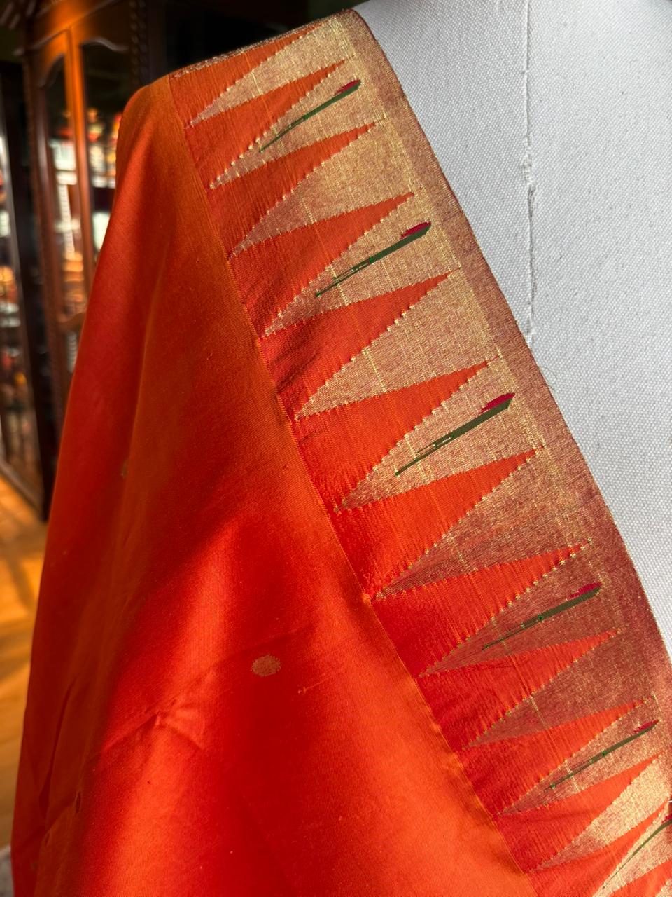 Orange Dupatta with Zigzag Border & Peacock Pallu