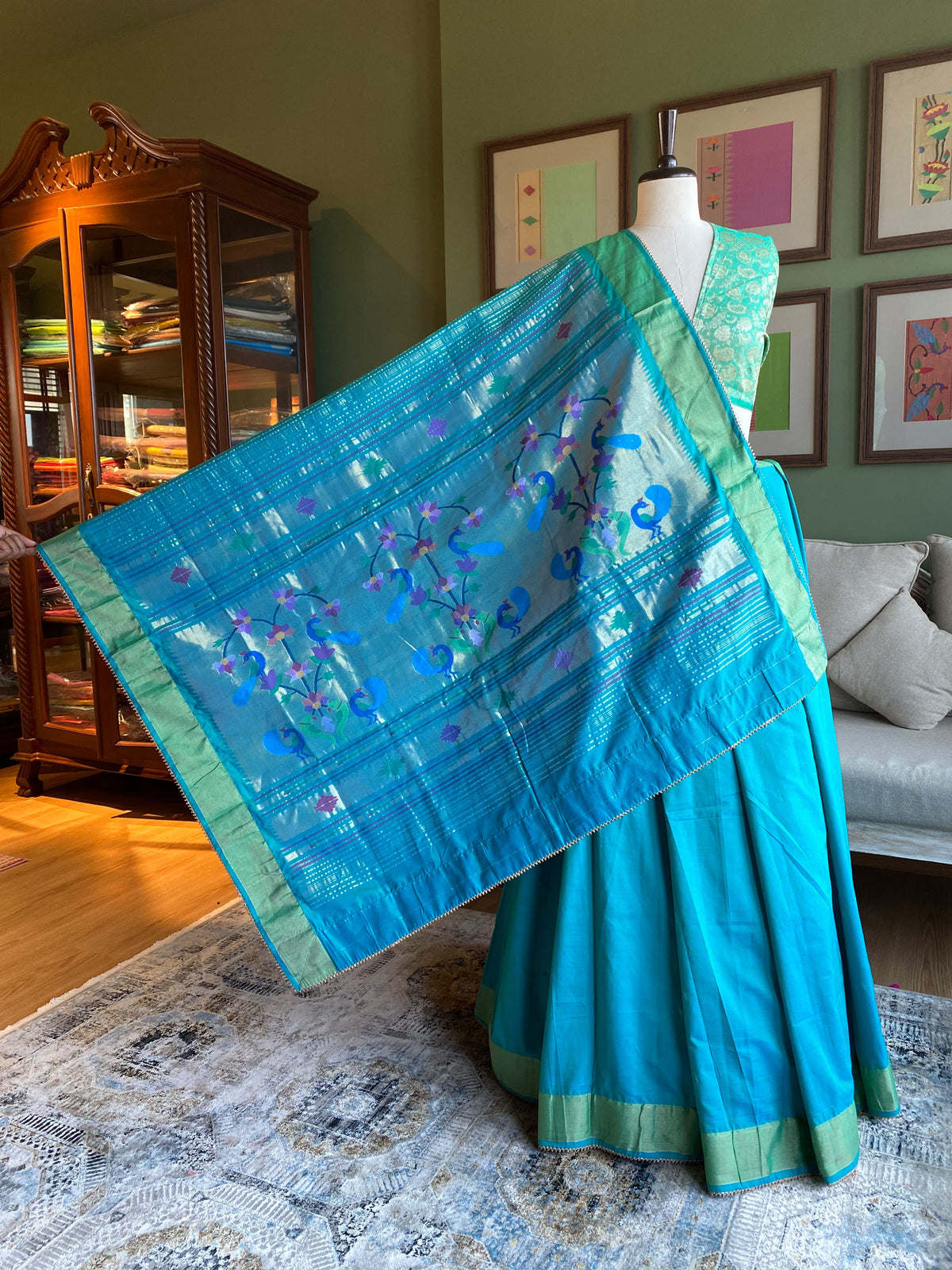 Turquoise Cotton Paithani with Peacock Pallu