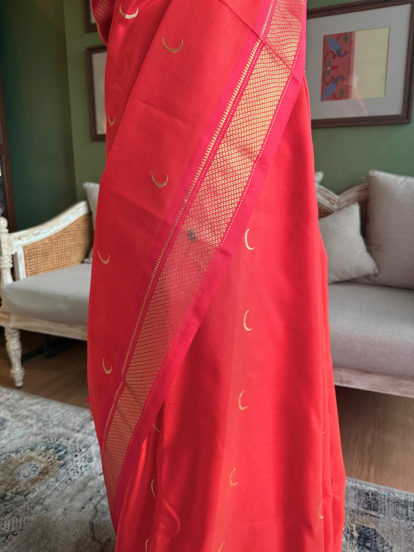 Orange Red Paithani with Chandrakor Butti & Vintage Pallu (WITH FLAW)