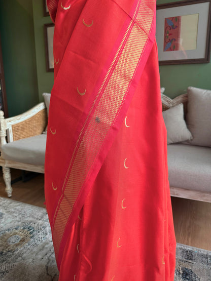 Orange Red Paithani with Chandrakor Butti & Vintage Pallu (WITH FLAW)